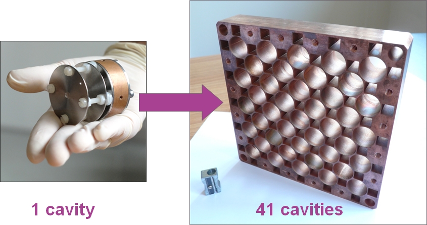 Cavity multiplication to design a beam of any size and shape A photo showing a single cavity source held in a hand, with an arrow pointing at a photo showing an array of 41 cavities