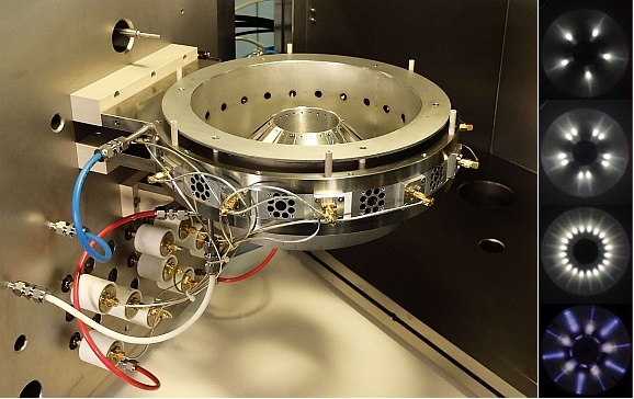 Ion source ring (Ø32cm) of MBS-24 deposition system, and examples of the individual beam control Photo of Ø32cm ion source ring of MBS-24 deposition system, and photos showing different numbers of beams on, and with different intensities