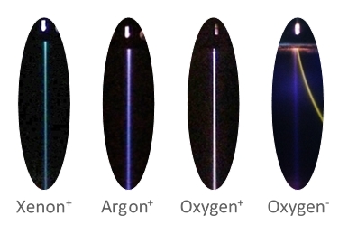 Positive ion beams of xenon, argon, and oxygen generated with TES High brightness ion source, as well as a negative oxygen beam (right hand side) for which the electron beam (yellow) is deflected to the right. Photos of four different parallel beams: positive beams of xenon, argon, and oxygen, and a negative oxygen beam (including deflected electron beam)